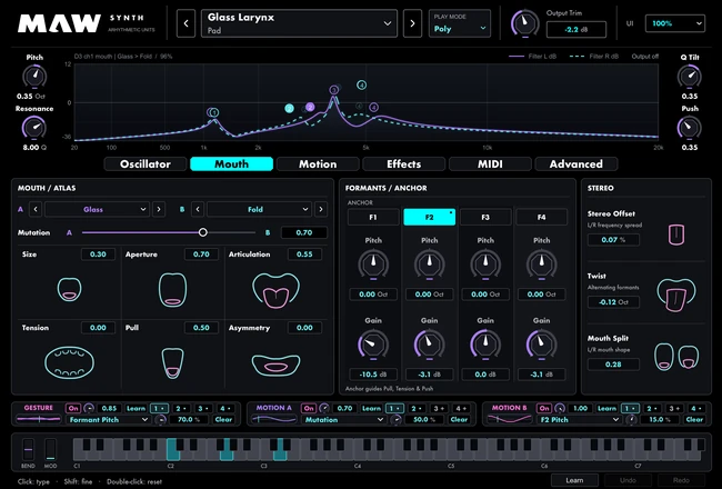 Maw's Mouth interface with Atlas voice blending, formants, illustrated mouth controls, and keyboard